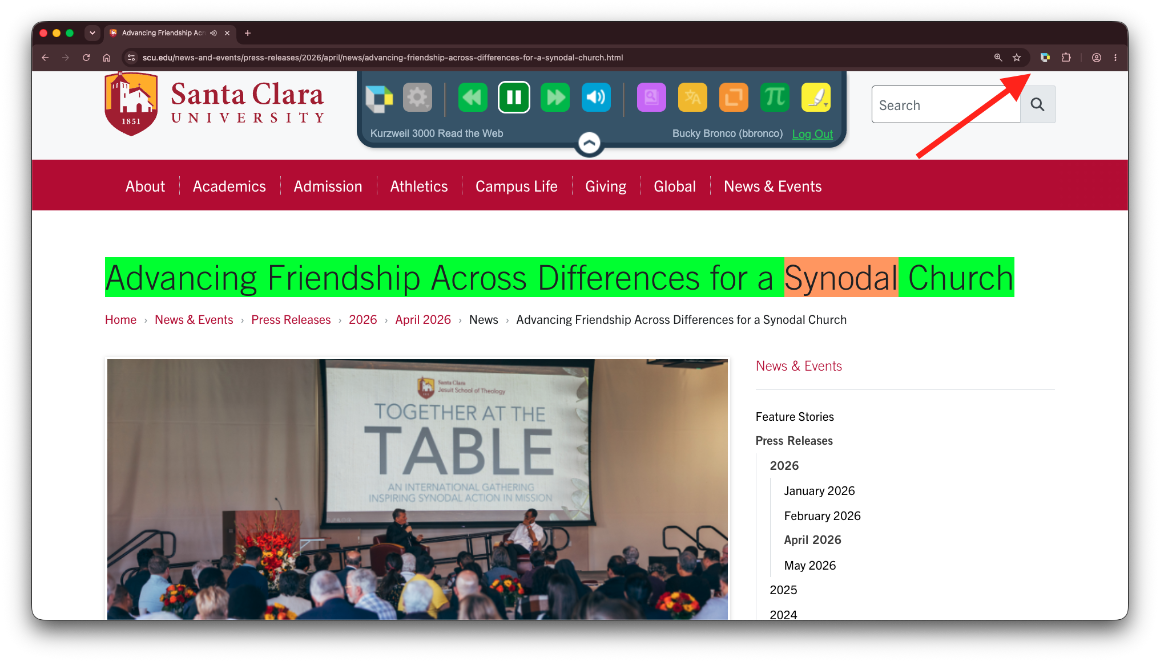 The Kurzweil button in the browser toolbar is pointed out. In the browser viewport, the Read the Web extension pop-up is visible.